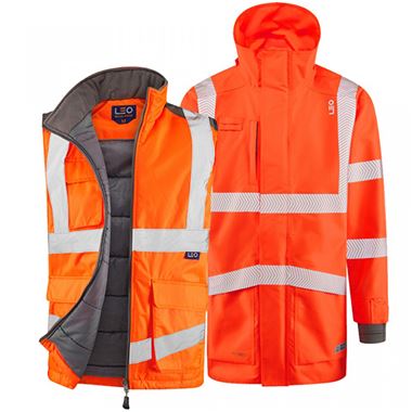 Leo Workwear Orange Waterproof Breathable 3-in-1 Hi Vis Clovelly Jacket with Torrington Bodywarmer