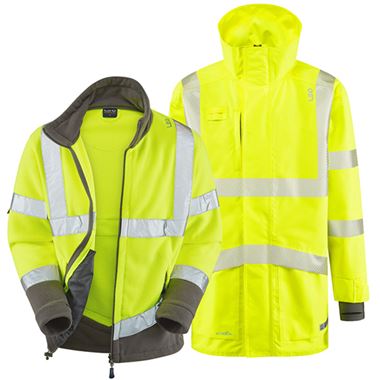 Leo Workwear Yellow EcoViz Waterproof Breathable 3-in-1 Hi Vis Clovelly Jacket with Hartland Fleece