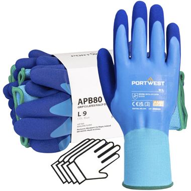 MultiSAVE Pack 12 - Portwest Waterproof Work Gloves with Latex Foam Coating 13g APB80 (12 Pairs)