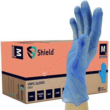 Polyco Shield GD13 Blue Vinyl Powder Free Disposable Gloves AQL4 (Box 100)