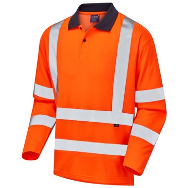 Leo Workwear Swimbridge Orange EcoViz Comfort Long Sleeve Hi Vis Polo Shirt  