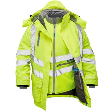 Pulsar P487-R Yellow GRS Recycled 7-in-1 Hi Vis Storm Coat c/w Interactive Bodywarmer