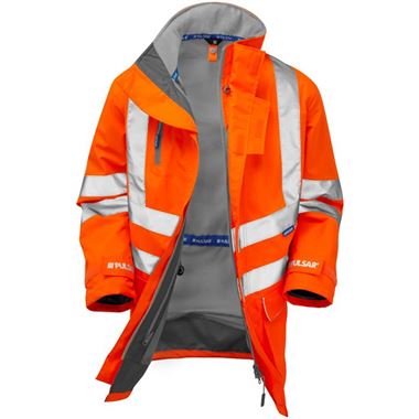 Pulsar PR499-R Rail Orange GRS Recycled Mesh Lined Waterproof Hi Vis Storm Jacket