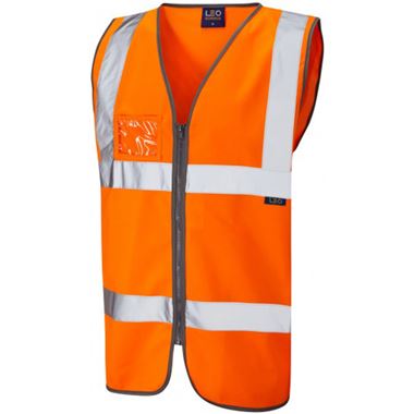 Leo Workwear Rumsam Orange EcoViz Zip Front ID Pocket Hi Vis Vest