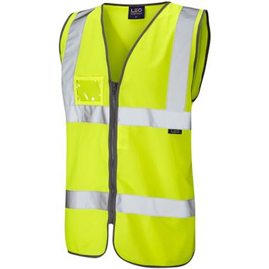 Leo Workwear Rumsam Yellow EcoViz Zip Front ID Pocket Hi Vis Vest