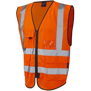 Leo Workwear Lynton Orange EcoViz Zipped Hi Vis Superior Waistcoat
